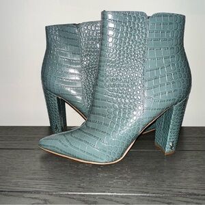 Sam Edelman Raelle Croco Embossed Block Heel Pointed Toe Leather Ankle Booties